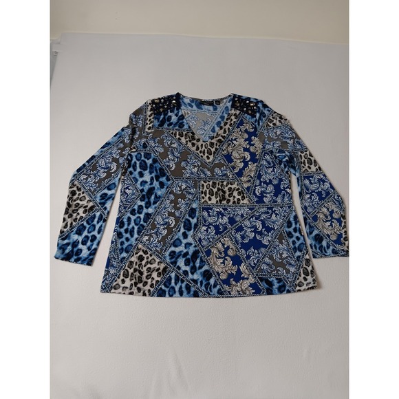 Susan Graver Artisan Tops - Susan Graver Artisan Blue Animal Print Tunic Womens L V-Neck Rhinestone